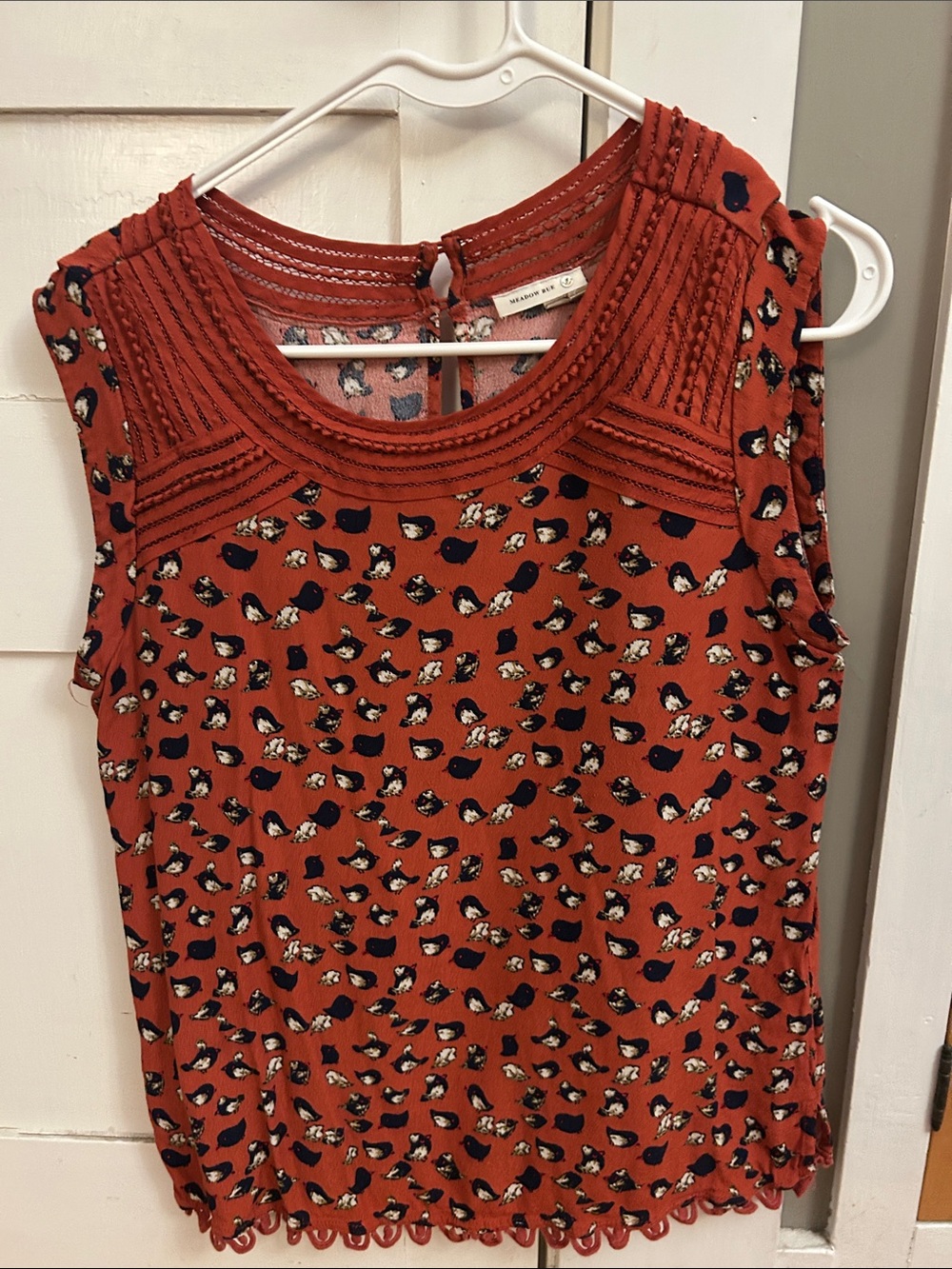 Anthropologie Meadow Rue Rust-Orange Printed Sleeveless Top, size medium